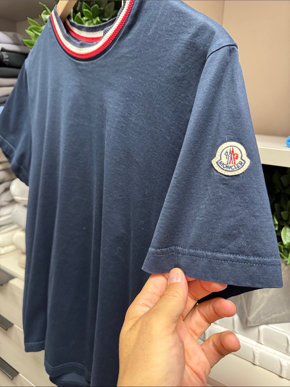 Moncler Navy Short-Sleeve Tee with Red-Trim Ribbed Neck
